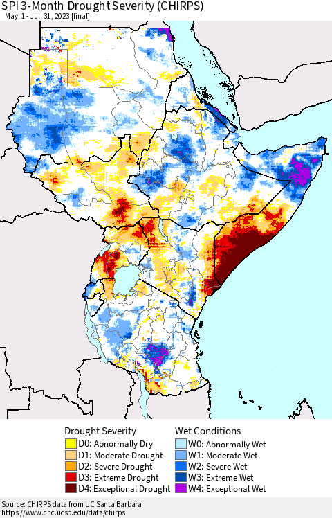 Eastern Africa SPI 3-Month Drought Severity (CHIRPS) Thematic Map For 5/1/2023 - 7/31/2023