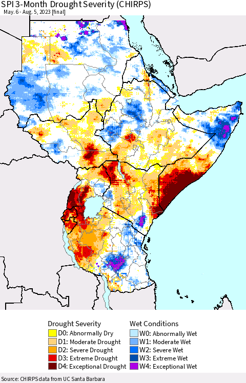Eastern Africa SPI 3-Month Drought Severity (CHIRPS) Thematic Map For 5/6/2023 - 8/5/2023