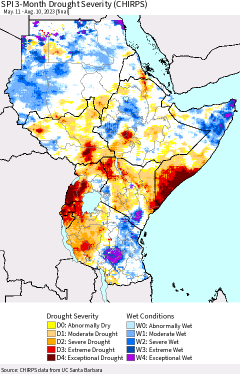 Eastern Africa SPI 3-Month Drought Severity (CHIRPS) Thematic Map For 5/11/2023 - 8/10/2023