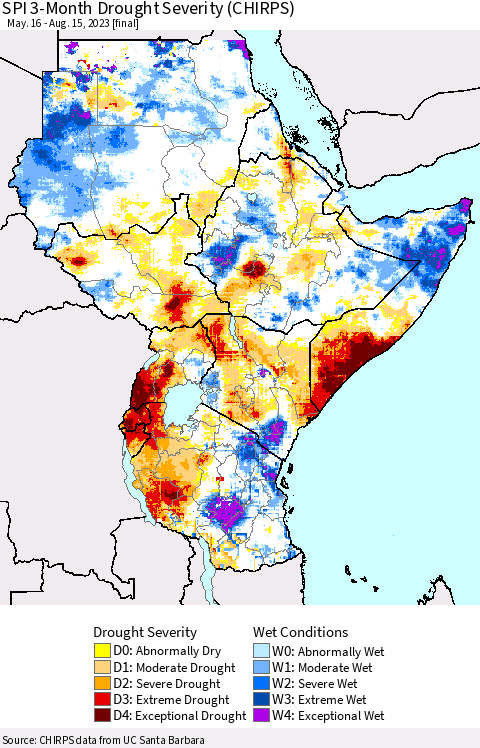 Eastern Africa SPI 3-Month Drought Severity (CHIRPS) Thematic Map For 5/16/2023 - 8/15/2023