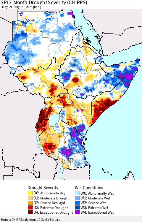 Eastern Africa SPI 3-Month Drought Severity (CHIRPS) Thematic Map For 5/21/2023 - 8/20/2023