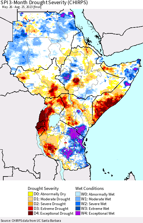 Eastern Africa SPI 3-Month Drought Severity (CHIRPS) Thematic Map For 5/26/2023 - 8/25/2023