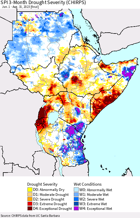 Eastern Africa SPI 3-Month Drought Severity (CHIRPS) Thematic Map For 6/1/2023 - 8/31/2023