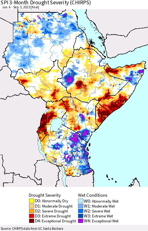 Eastern Africa SPI 3-Month Drought Severity (CHIRPS) Thematic Map For 6/6/2023 - 9/5/2023