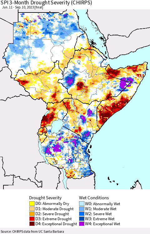 Eastern Africa SPI 3-Month Drought Severity (CHIRPS) Thematic Map For 6/11/2023 - 9/10/2023