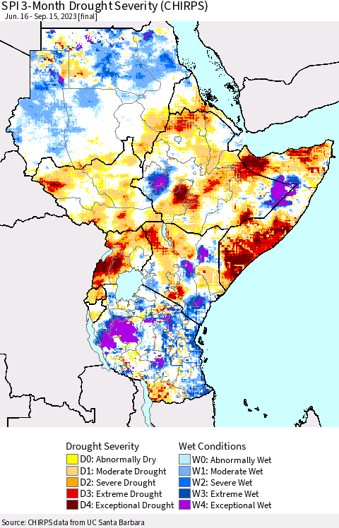 Eastern Africa SPI 3-Month Drought Severity (CHIRPS) Thematic Map For 6/16/2023 - 9/15/2023