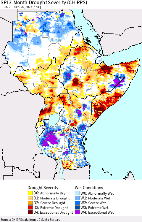Eastern Africa SPI 3-Month Drought Severity (CHIRPS) Thematic Map For 6/21/2023 - 9/20/2023