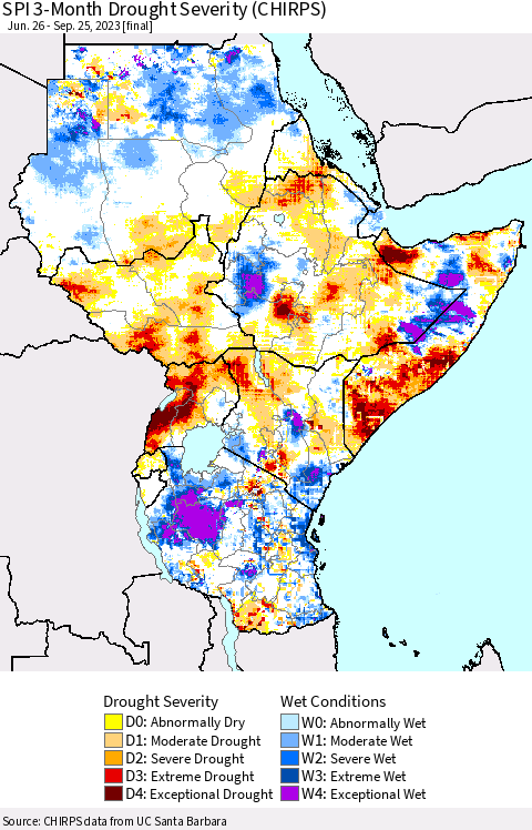 Eastern Africa SPI 3-Month Drought Severity (CHIRPS) Thematic Map For 6/26/2023 - 9/25/2023