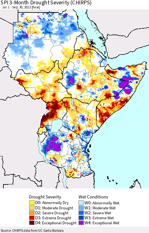 Eastern Africa SPI 3-Month Drought Severity (CHIRPS) Thematic Map For 7/1/2023 - 9/30/2023