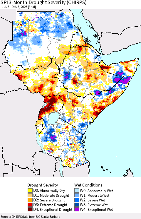 Eastern Africa SPI 3-Month Drought Severity (CHIRPS) Thematic Map For 7/6/2023 - 10/5/2023