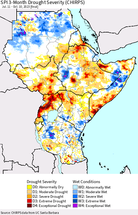 Eastern Africa SPI 3-Month Drought Severity (CHIRPS) Thematic Map For 7/11/2023 - 10/10/2023
