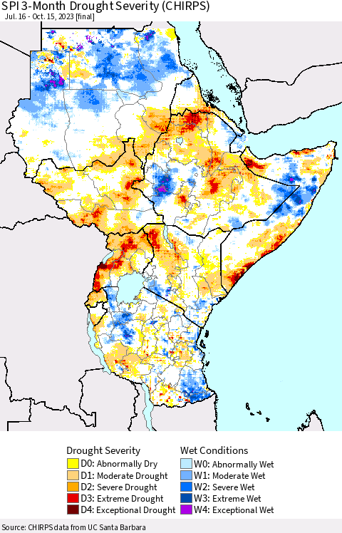 Eastern Africa SPI 3-Month Drought Severity (CHIRPS) Thematic Map For 7/16/2023 - 10/15/2023