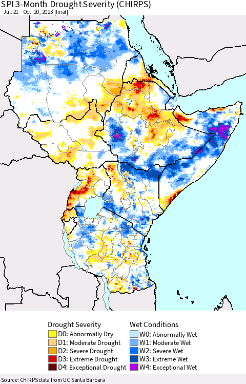 Eastern Africa SPI 3-Month Drought Severity (CHIRPS) Thematic Map For 7/21/2023 - 10/20/2023
