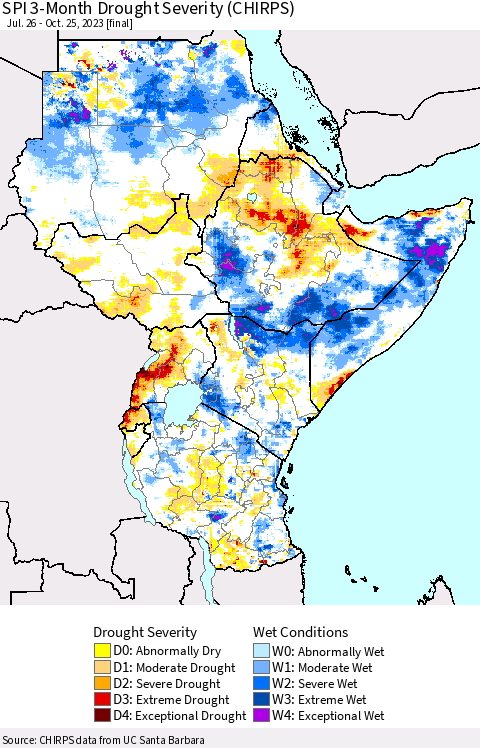 Eastern Africa SPI 3-Month Drought Severity (CHIRPS) Thematic Map For 7/26/2023 - 10/25/2023