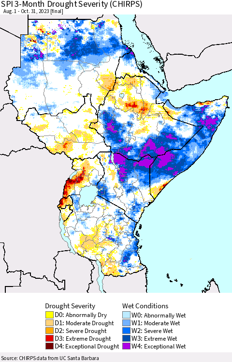 Eastern Africa SPI 3-Month Drought Severity (CHIRPS) Thematic Map For 8/1/2023 - 10/31/2023