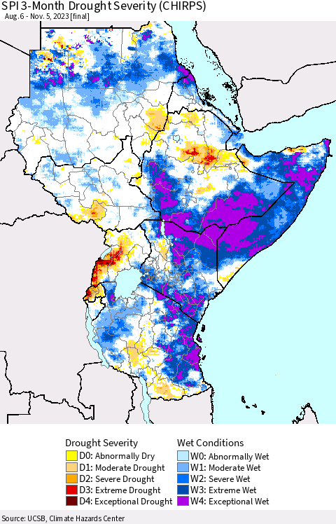 Eastern Africa SPI 3-Month Drought Severity (CHIRPS) Thematic Map For 8/6/2023 - 11/5/2023