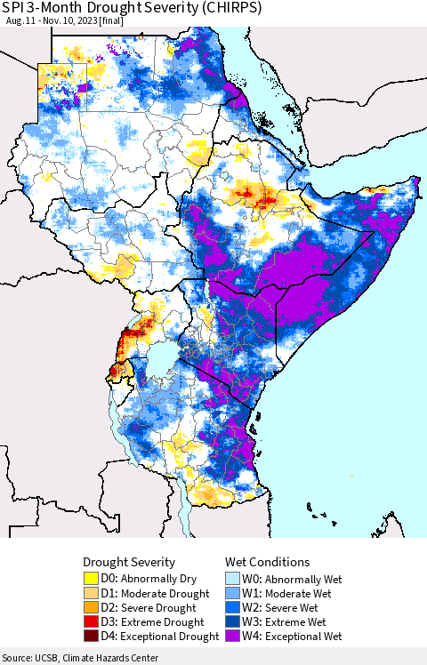 Eastern Africa SPI 3-Month Drought Severity (CHIRPS) Thematic Map For 8/11/2023 - 11/10/2023