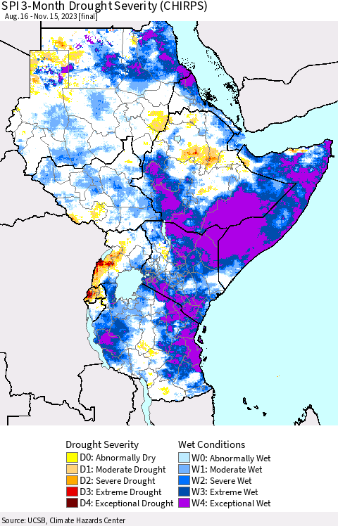 Eastern Africa SPI 3-Month Drought Severity (CHIRPS) Thematic Map For 8/16/2023 - 11/15/2023