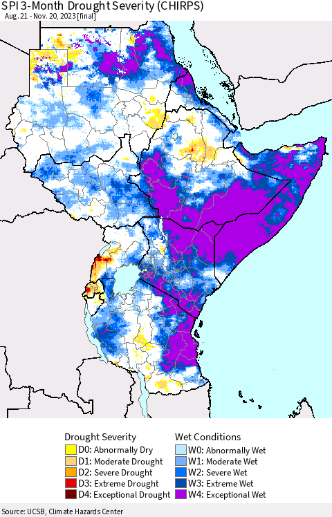 Eastern Africa SPI 3-Month Drought Severity (CHIRPS) Thematic Map For 8/21/2023 - 11/20/2023