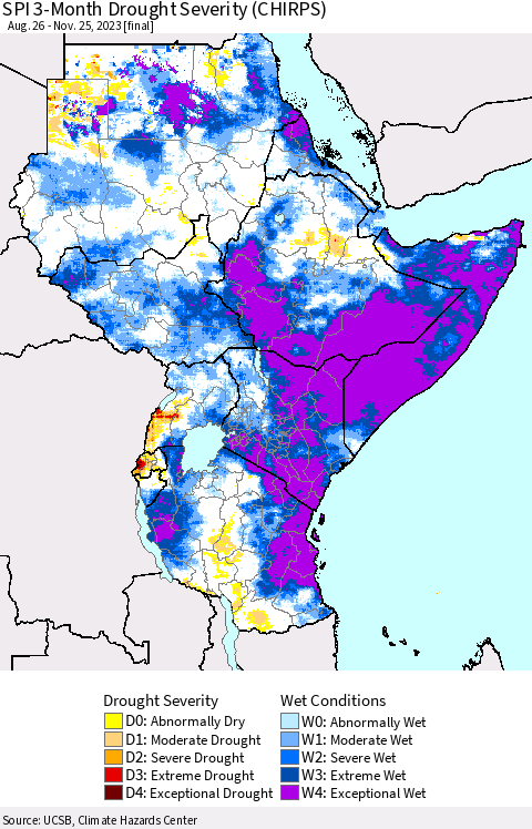 Eastern Africa SPI 3-Month Drought Severity (CHIRPS) Thematic Map For 8/26/2023 - 11/25/2023