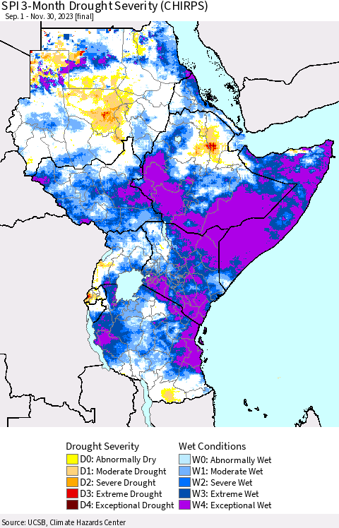 Eastern Africa SPI 3-Month Drought Severity (CHIRPS) Thematic Map For 9/1/2023 - 11/30/2023