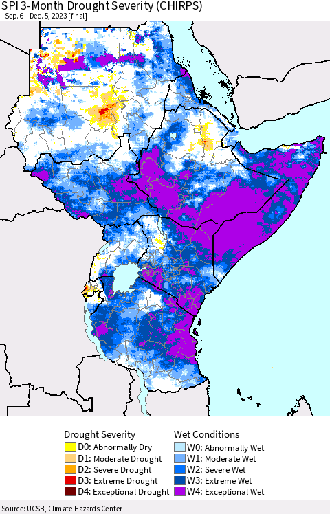 Eastern Africa SPI 3-Month Drought Severity (CHIRPS) Thematic Map For 9/6/2023 - 12/5/2023