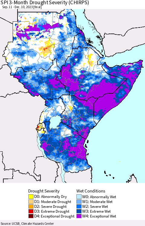Eastern Africa SPI 3-Month Drought Severity (CHIRPS) Thematic Map For 9/11/2023 - 12/10/2023