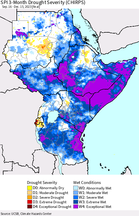 Eastern Africa SPI 3-Month Drought Severity (CHIRPS) Thematic Map For 9/16/2023 - 12/15/2023