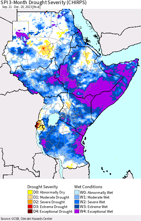 Eastern Africa SPI 3-Month Drought Severity (CHIRPS) Thematic Map For 9/21/2023 - 12/20/2023