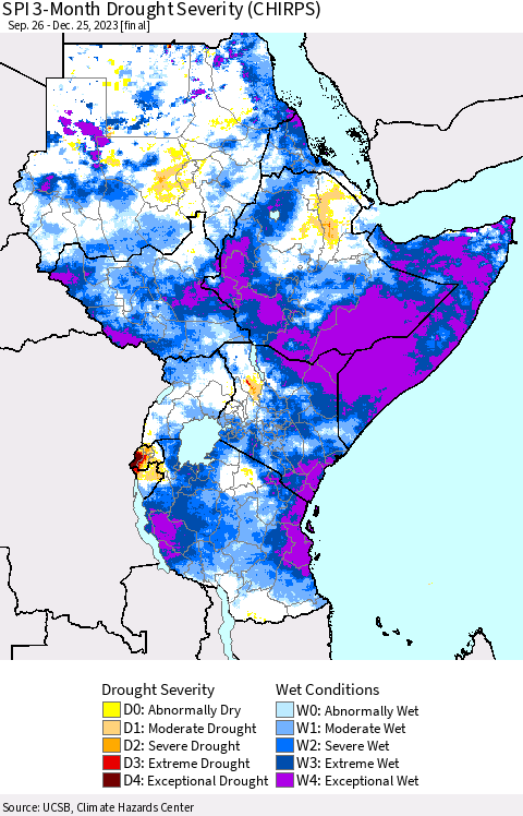 Eastern Africa SPI 3-Month Drought Severity (CHIRPS) Thematic Map For 9/26/2023 - 12/25/2023