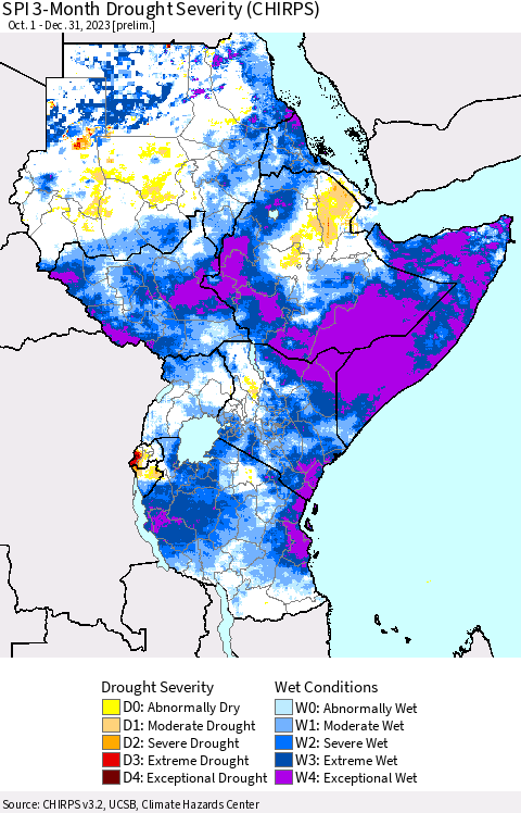 Eastern Africa SPI 3-Month Drought Severity (CHIRPS) Thematic Map For 10/1/2023 - 12/31/2023