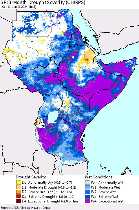 Eastern Africa SPI 3-Month Drought Severity (CHIRPS) Thematic Map For 10/6/2023 - 1/5/2024