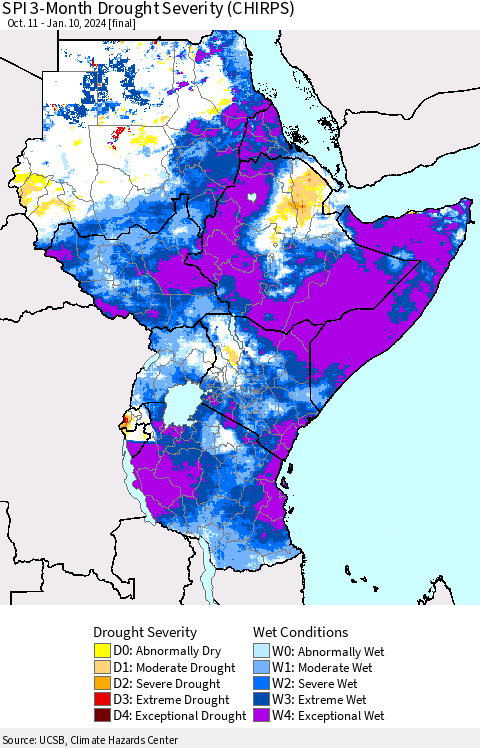 Eastern Africa SPI 3-Month Drought Severity (CHIRPS) Thematic Map For 10/11/2023 - 1/10/2024