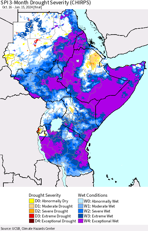 Eastern Africa SPI 3-Month Drought Severity (CHIRPS) Thematic Map For 10/16/2023 - 1/15/2024