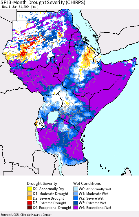 Eastern Africa SPI 3-Month Drought Severity (CHIRPS) Thematic Map For 11/1/2023 - 1/31/2024