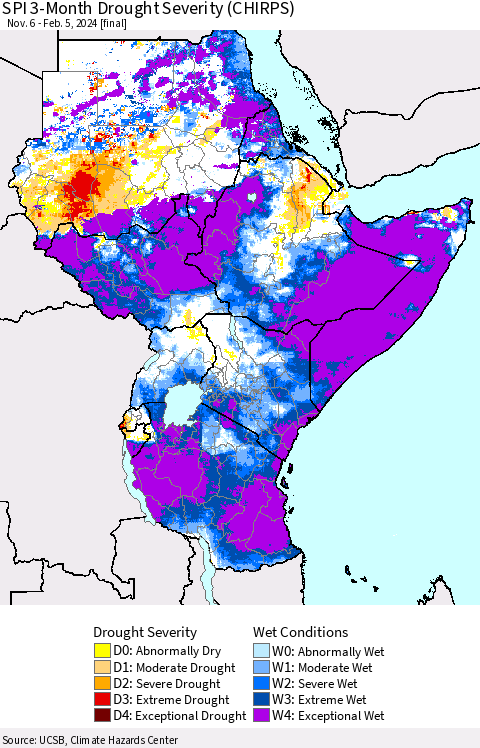 Eastern Africa SPI 3-Month Drought Severity (CHIRPS) Thematic Map For 11/6/2023 - 2/5/2024