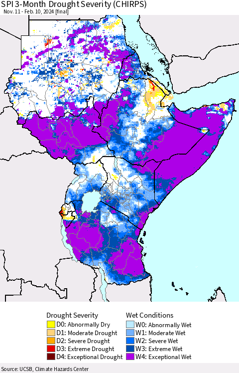 Eastern Africa SPI 3-Month Drought Severity (CHIRPS) Thematic Map For 11/11/2023 - 2/10/2024