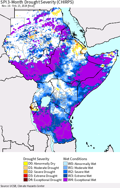 Eastern Africa SPI 3-Month Drought Severity (CHIRPS) Thematic Map For 11/16/2023 - 2/15/2024