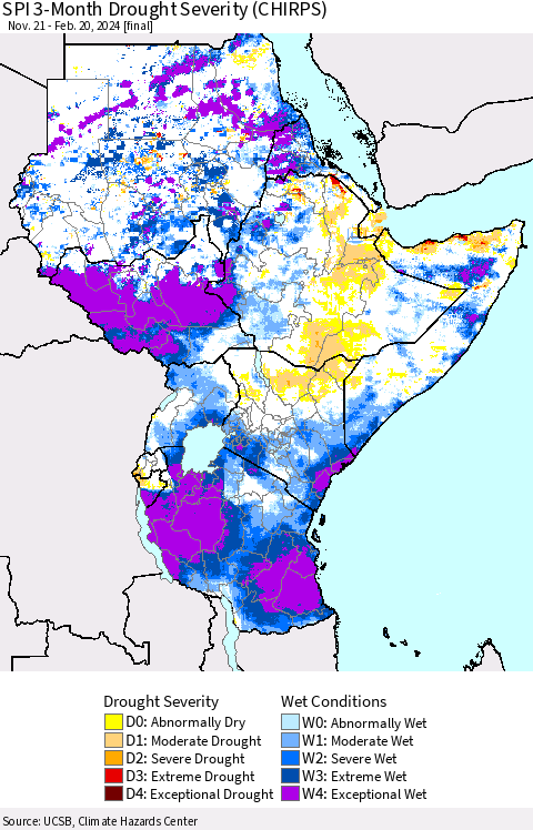 Eastern Africa SPI 3-Month Drought Severity (CHIRPS) Thematic Map For 11/21/2023 - 2/20/2024