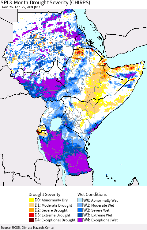 Eastern Africa SPI 3-Month Drought Severity (CHIRPS) Thematic Map For 11/26/2023 - 2/25/2024