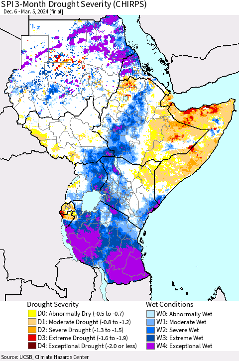 Eastern Africa SPI 3-Month Drought Severity (CHIRPS) Thematic Map For 12/6/2023 - 3/5/2024