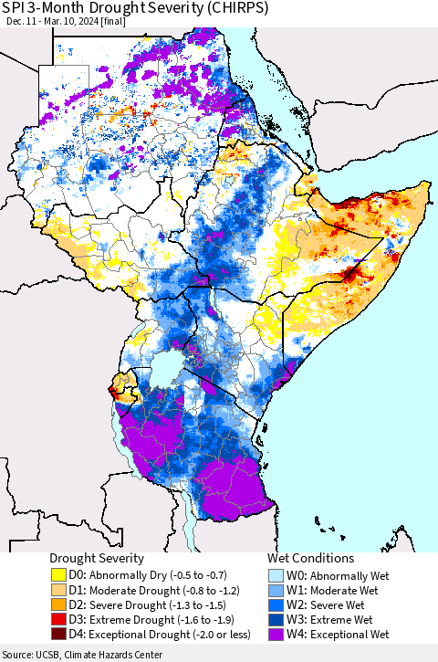 Eastern Africa SPI 3-Month Drought Severity (CHIRPS) Thematic Map For 12/11/2023 - 3/10/2024