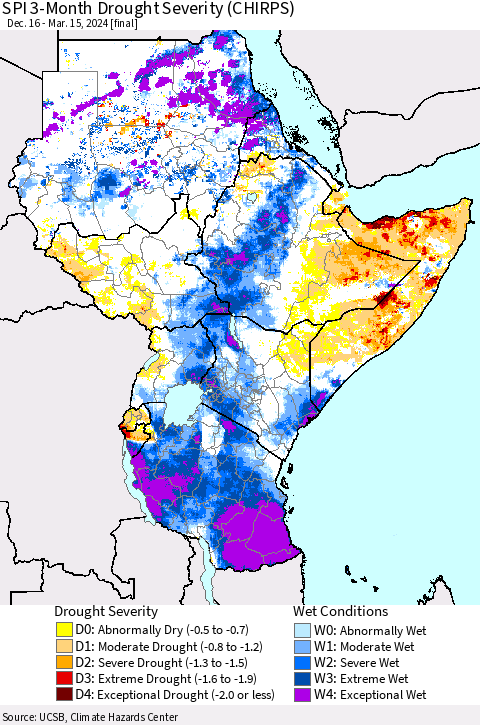 Eastern Africa SPI 3-Month Drought Severity (CHIRPS) Thematic Map For 12/16/2023 - 3/15/2024