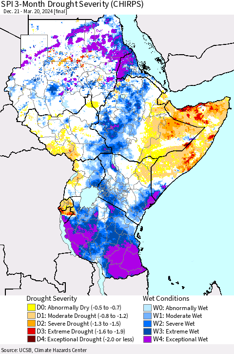 Eastern Africa SPI 3-Month Drought Severity (CHIRPS) Thematic Map For 12/21/2023 - 3/20/2024
