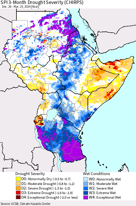 Eastern Africa SPI 3-Month Drought Severity (CHIRPS) Thematic Map For 12/26/2023 - 3/25/2024