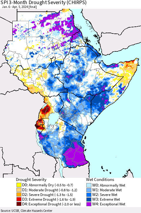 Eastern Africa SPI 3-Month Drought Severity (CHIRPS) Thematic Map For 1/6/2024 - 4/5/2024