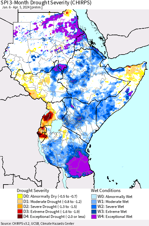 Eastern Africa SPI 3-Month Drought Severity (CHIRPS) Thematic Map For 1/6/2024 - 4/5/2024