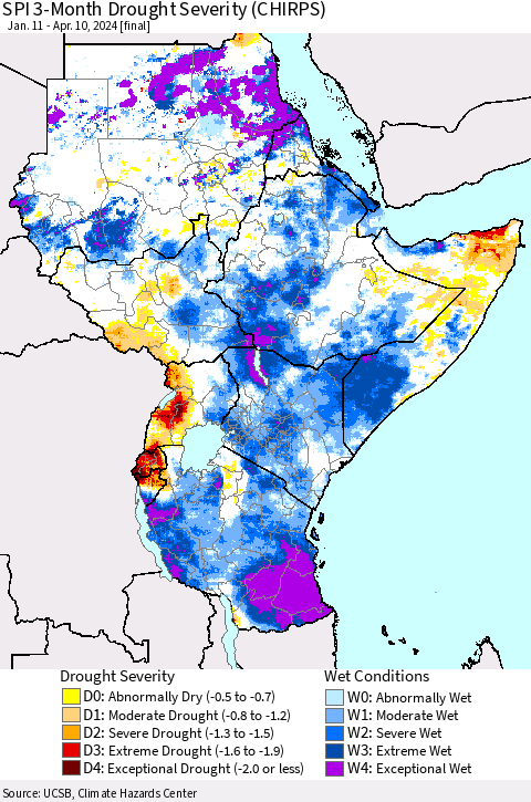 Eastern Africa SPI 3-Month Drought Severity (CHIRPS) Thematic Map For 1/11/2024 - 4/10/2024