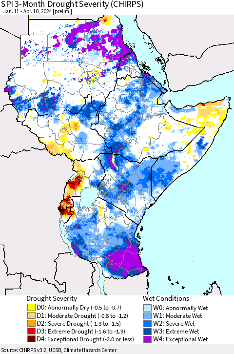 Eastern Africa SPI 3-Month Drought Severity (CHIRPS) Thematic Map For 1/11/2024 - 4/10/2024
