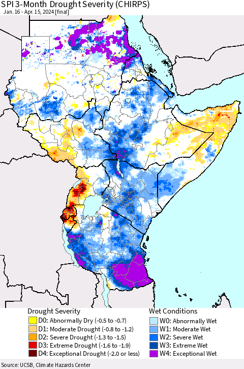 Eastern Africa SPI 3-Month Drought Severity (CHIRPS) Thematic Map For 1/16/2024 - 4/15/2024